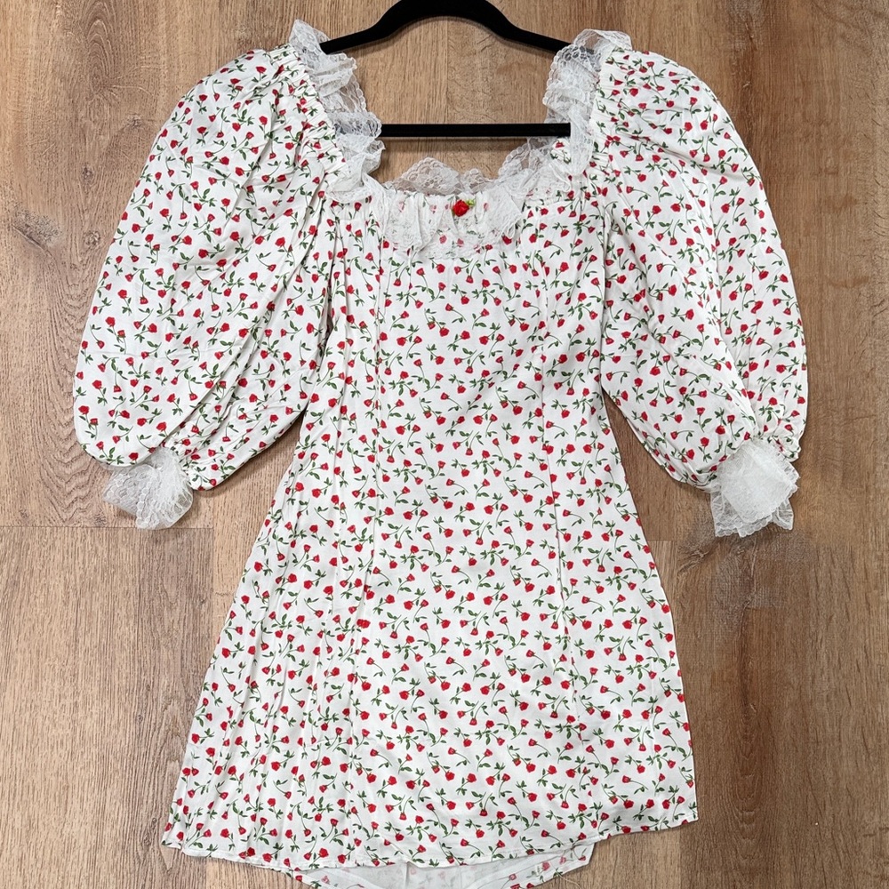 For Love And Lemons White Dress with Red Floral Print